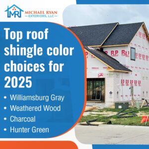 New construction home with dark roof, showcasing Michael Ryan Exteriors' top roof shingle colors for 2025: Williamsburg Gray, Weathered Wood, Charcoal, Hunter Green.