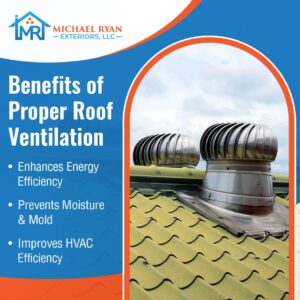 Roof vents on a yellow roof, illustrating benefits of proper roof ventilation by Michael Ryan Exteriors: energy efficiency, moisture prevention, and improved HVAC.